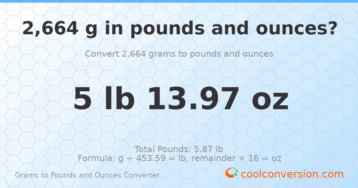 2664 g to lb and oz — 2664 g = 5 lb 13.97 oz