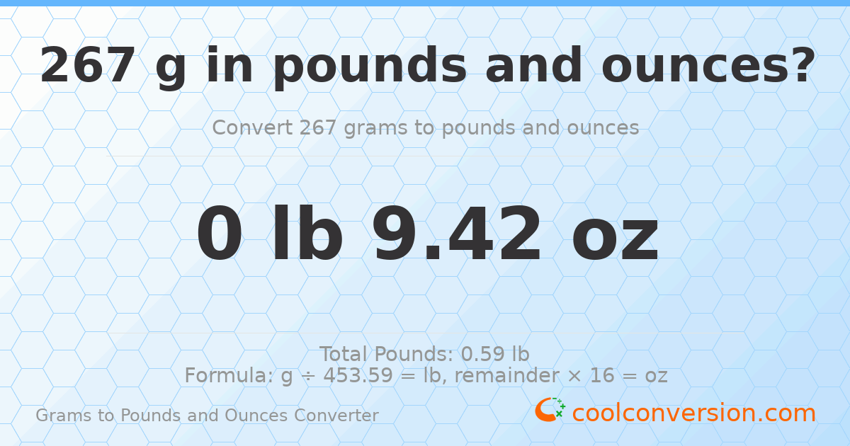 267 g to lb and oz — 267 g = 0 lb 9.42 oz