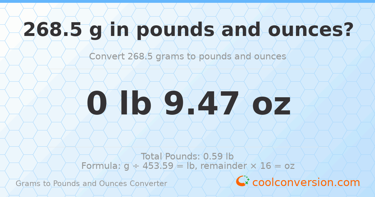 268.5 g to lb and oz — 268.5 g = 0 lb 9.47 oz