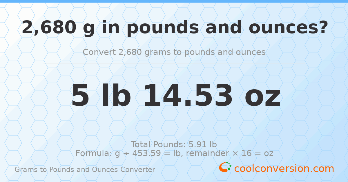 2680 g to lb and oz — 2680 g = 5 lb 14.53 oz