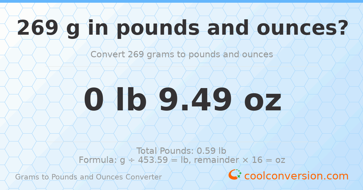 269 g to lb and oz — 269 g = 0 lb 9.49 oz