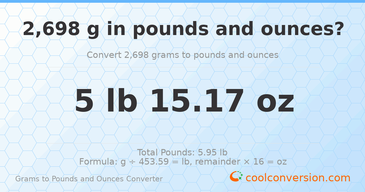 2698 g to lb and oz — 2698 g = 5 lb 15.17 oz