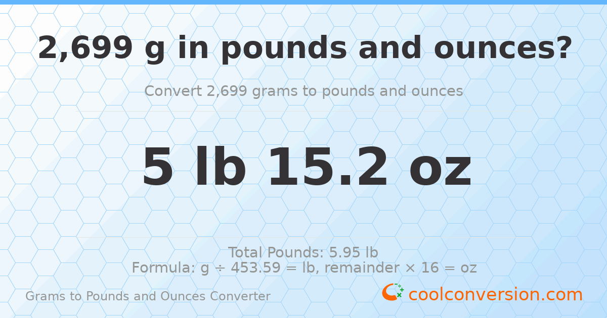 2699 g to lb and oz — 2699 g = 5 lb 15.2 oz