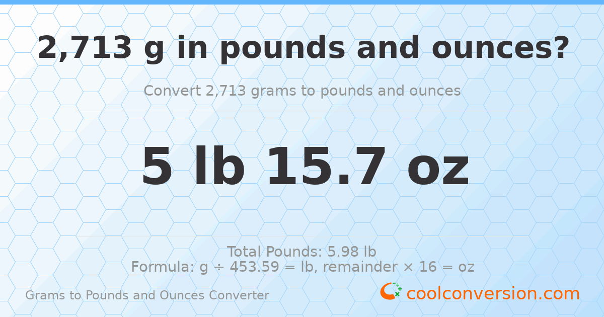 2713 g to lb and oz — 2713 g = 5 lb 15.7 oz