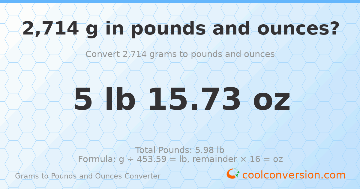 2714 g to lb and oz — 2714 g = 5 lb 15.73 oz