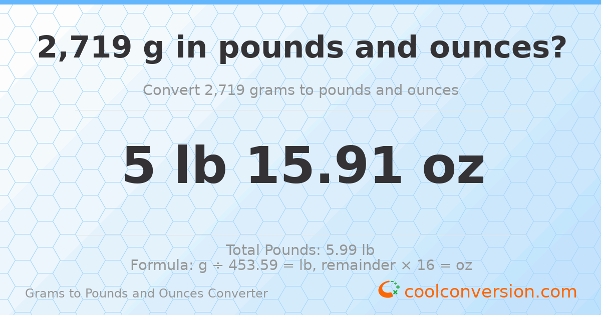 2719 g to lb and oz — 2719 g = 5 lb 15.91 oz