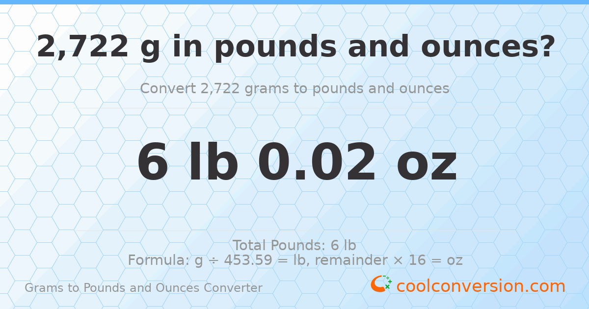 2722 g to lb and oz — 2722 g = 6 lb 0.02 oz