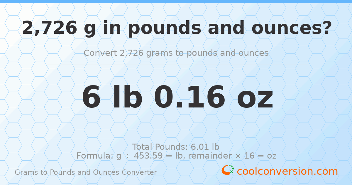 2726 g to lb and oz — 2726 g = 6 lb 0.16 oz