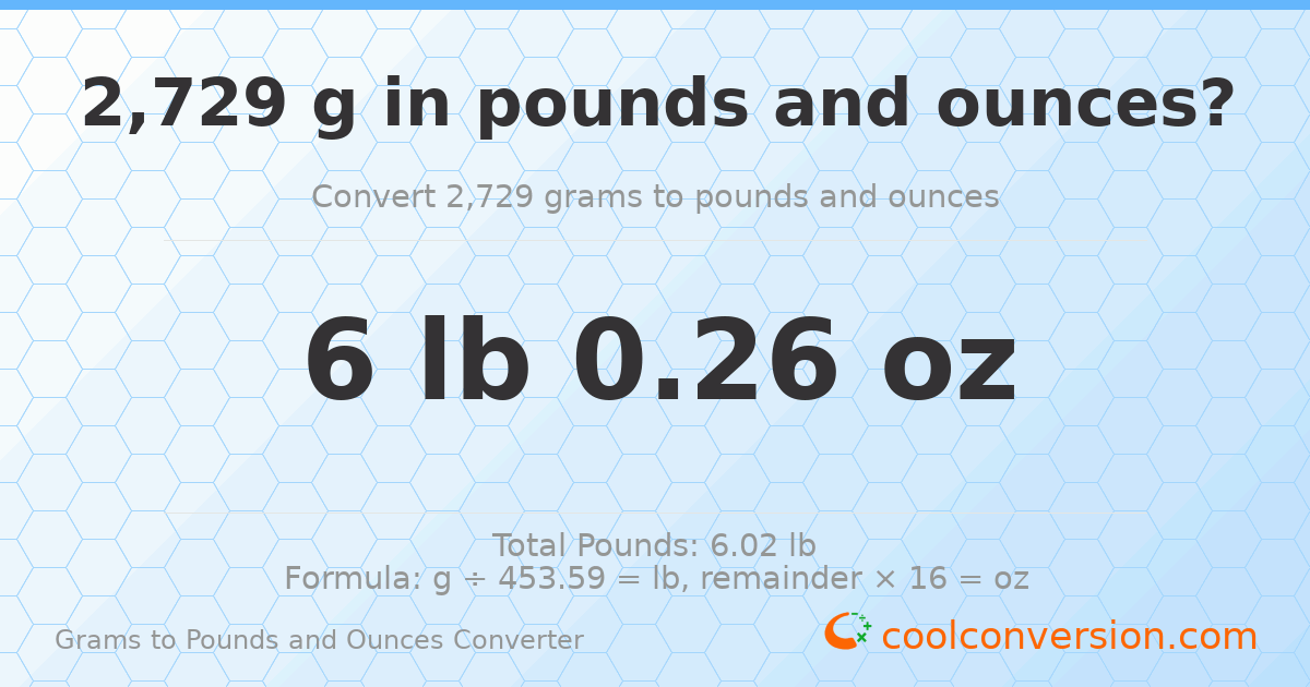 2729 g to lb and oz — 2729 g = 6 lb 0.26 oz