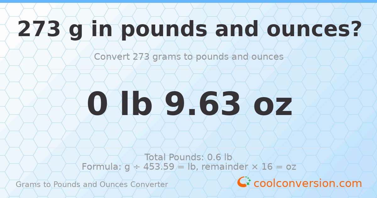 273 g to lb and oz — 273 g = 0 lb 9.63 oz