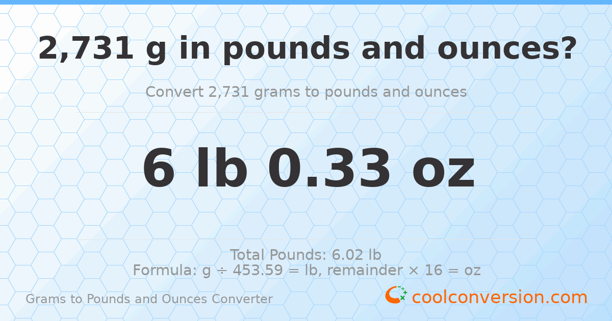 2731 g to lb and oz — 2731 g = 6 lb 0.33 oz