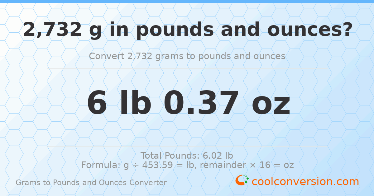 2732 g to lb and oz — 2732 g = 6 lb 0.37 oz