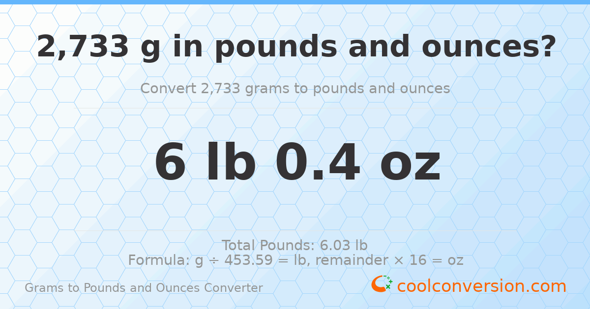 2733 g to lb and oz — 2733 g = 6 lb 0.4 oz