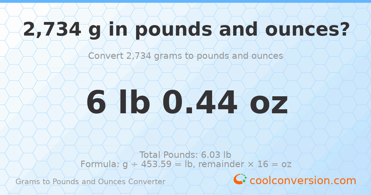 2734 g to lb and oz — 2734 g = 6 lb 0.44 oz