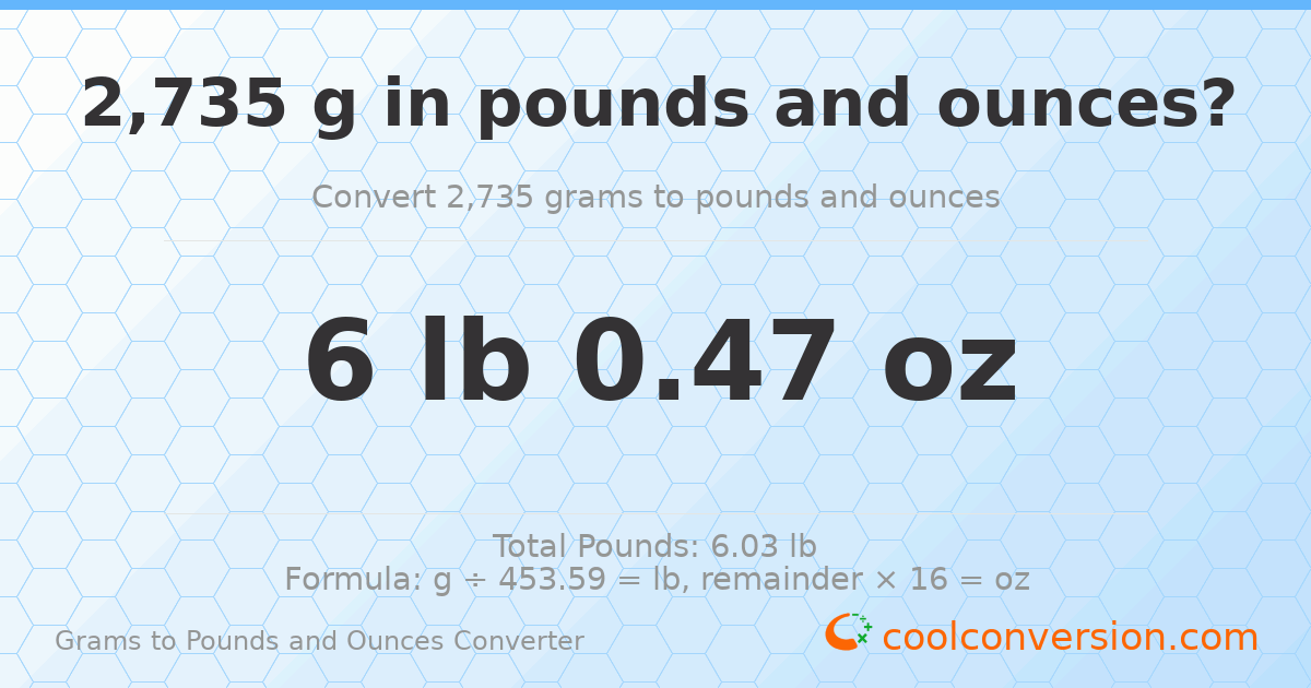 2735 g to lb and oz — 2735 g = 6 lb 0.47 oz