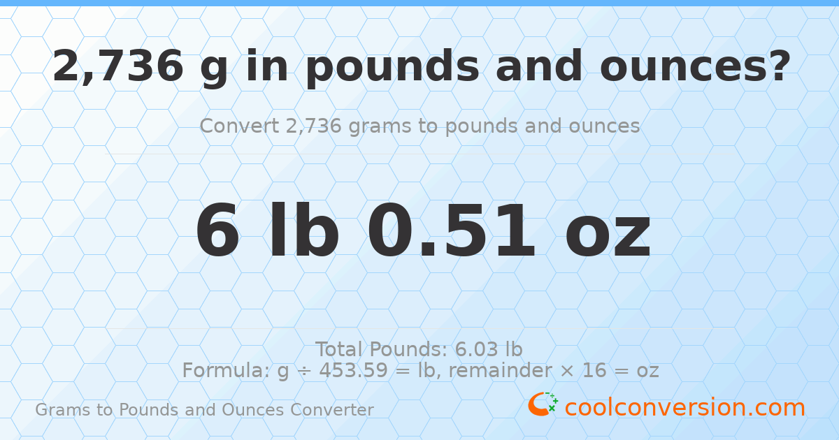 2736 g to lb and oz — 2736 g = 6 lb 0.51 oz