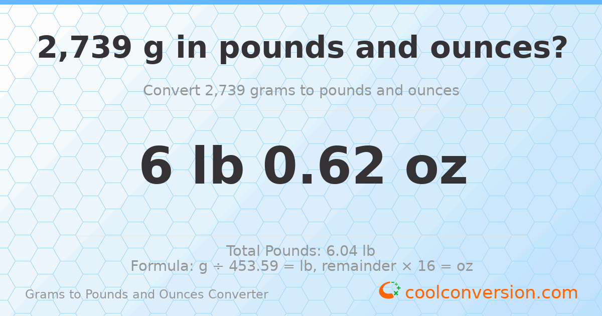 2739 g to lb and oz — 2739 g = 6 lb 0.62 oz