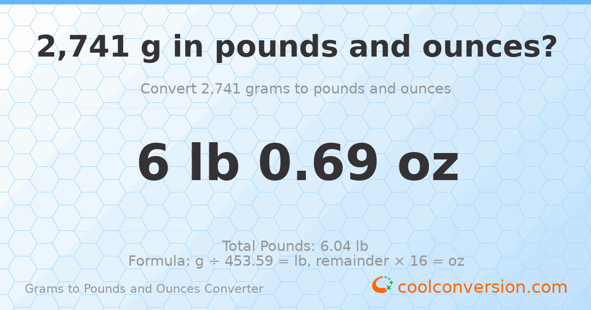 2741 g to lb and oz — 2741 g = 6 lb 0.69 oz