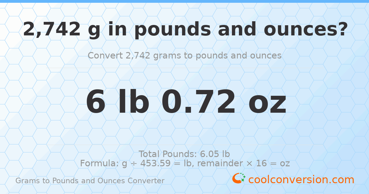 2742 g to lb and oz — 2742 g = 6 lb 0.72 oz