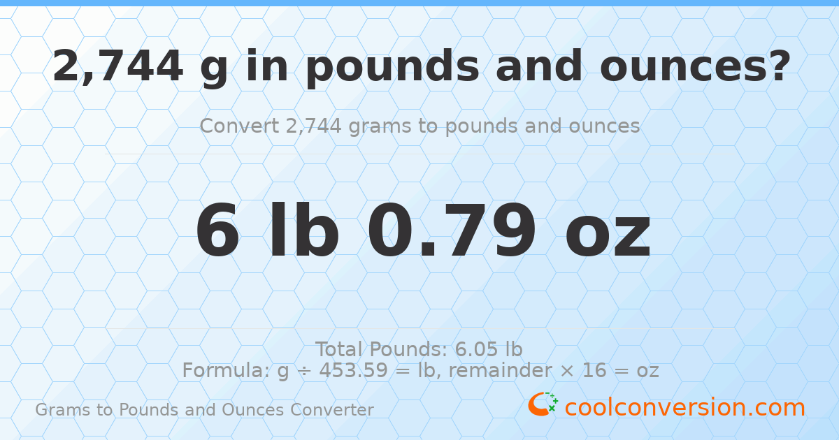 2744 g to lb and oz — 2744 g = 6 lb 0.79 oz