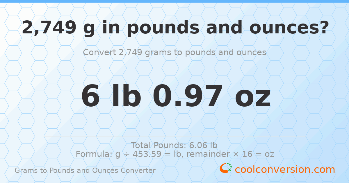 2749 g to lb and oz — 2749 g = 6 lb 0.97 oz