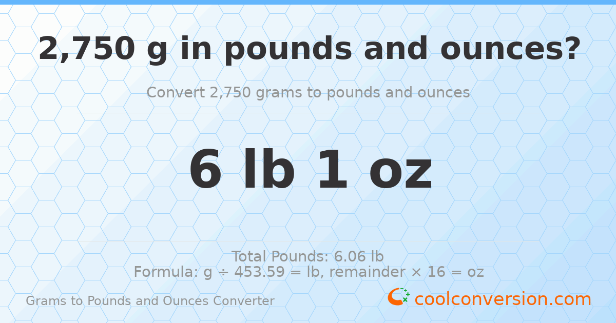 2750 g to lb and oz — 2750 g = 6 lb 1 oz