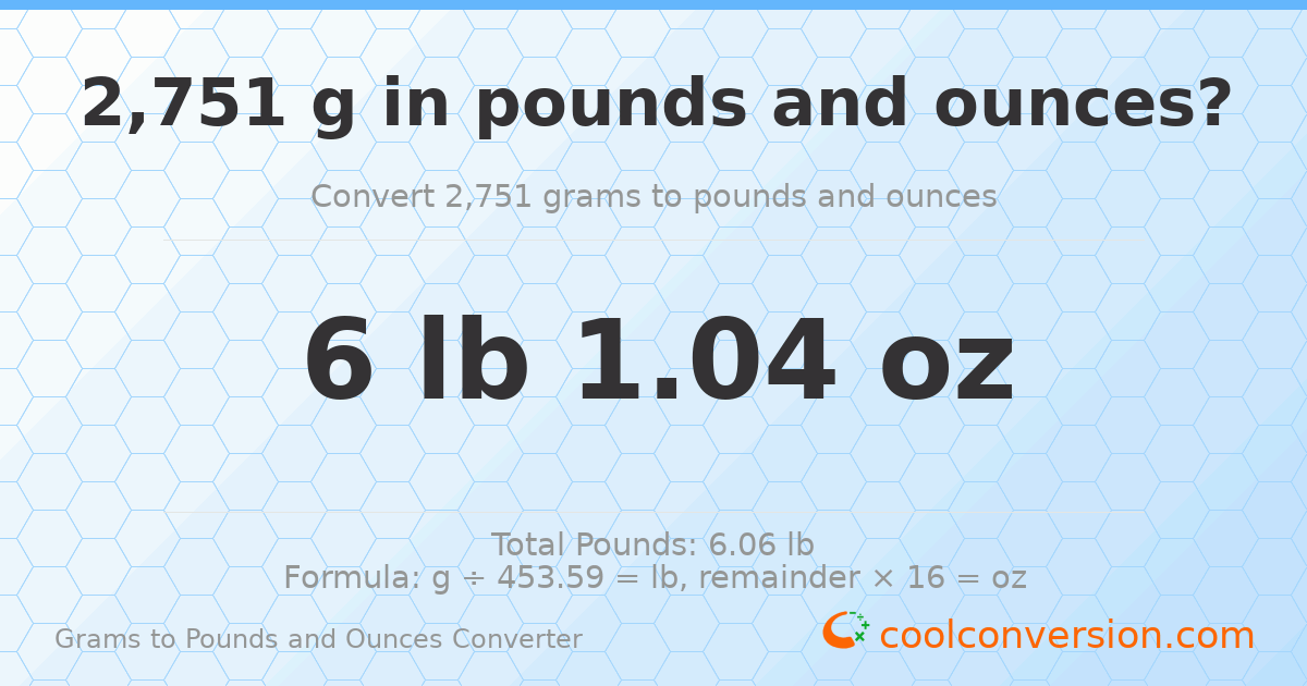 2751 g to lb and oz — 2751 g = 6 lb 1.04 oz