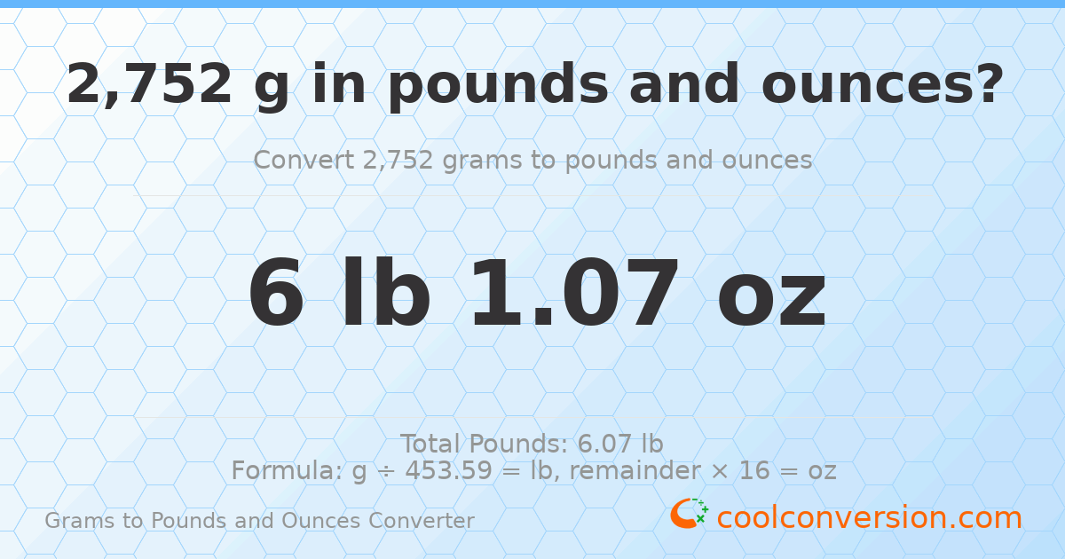 2752 g to lb and oz — 2752 g = 6 lb 1.07 oz