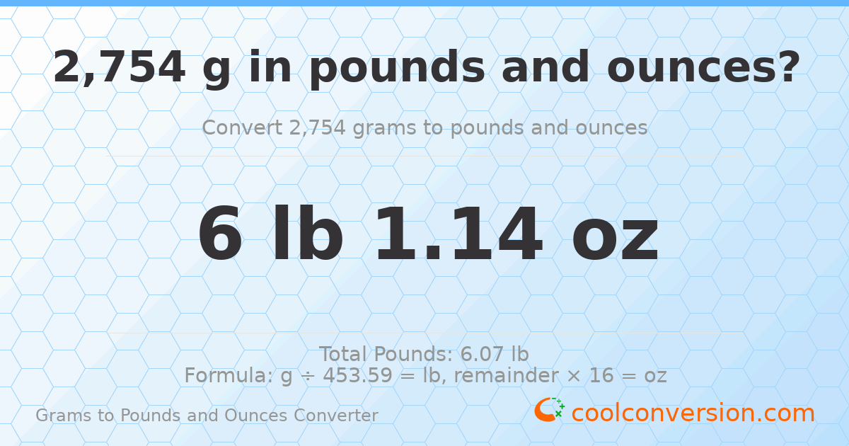 2754 g to lb and oz — 2754 g = 6 lb 1.14 oz