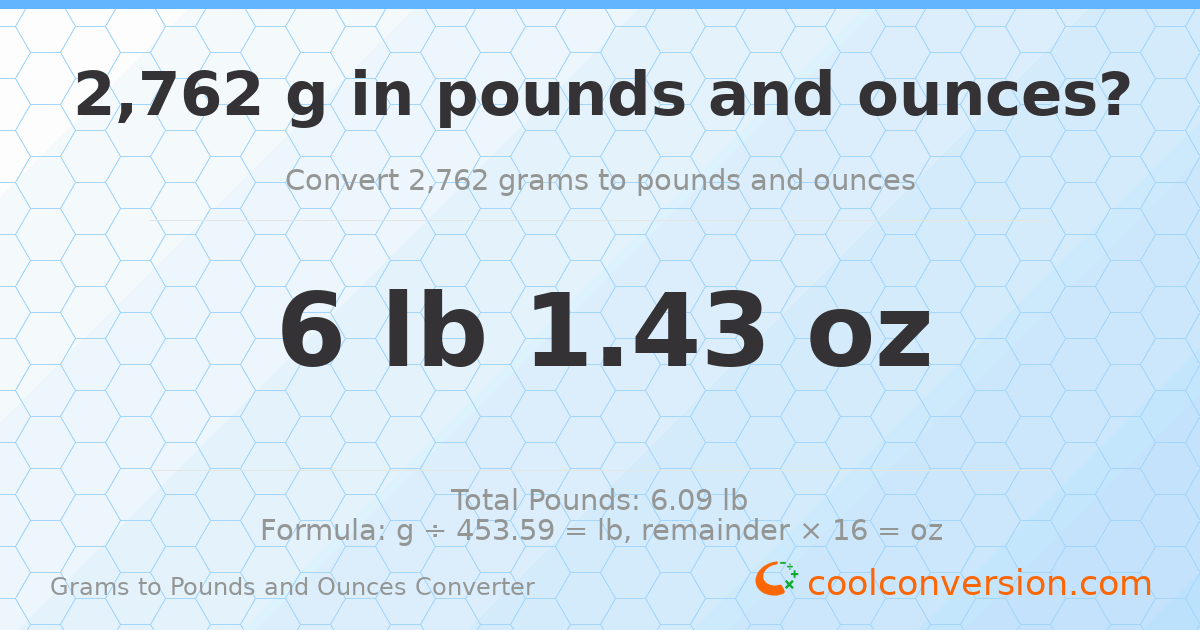 2762 g to lb and oz — 2762 g = 6 lb 1.43 oz