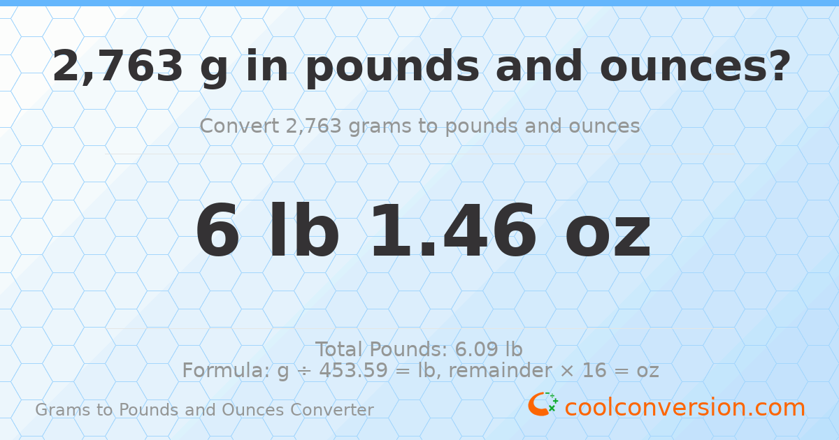 2763 g to lb and oz — 2763 g = 6 lb 1.46 oz