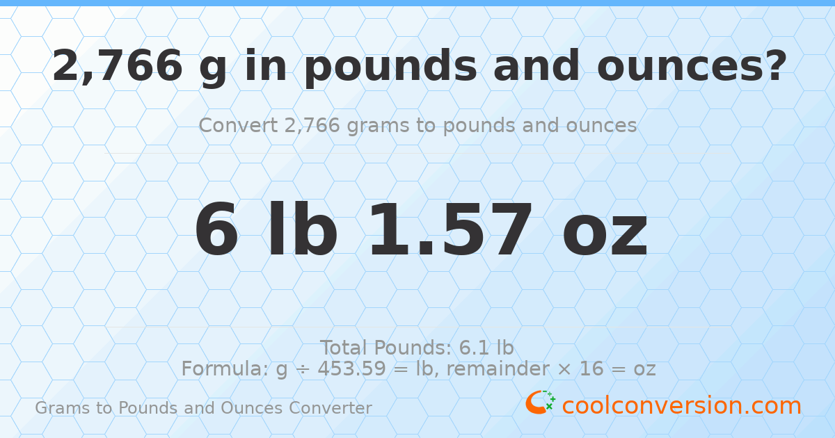 2766 g to lb and oz — 2766 g = 6 lb 1.57 oz