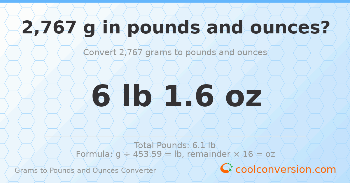 2767 g to lb and oz — 2767 g = 6 lb 1.6 oz