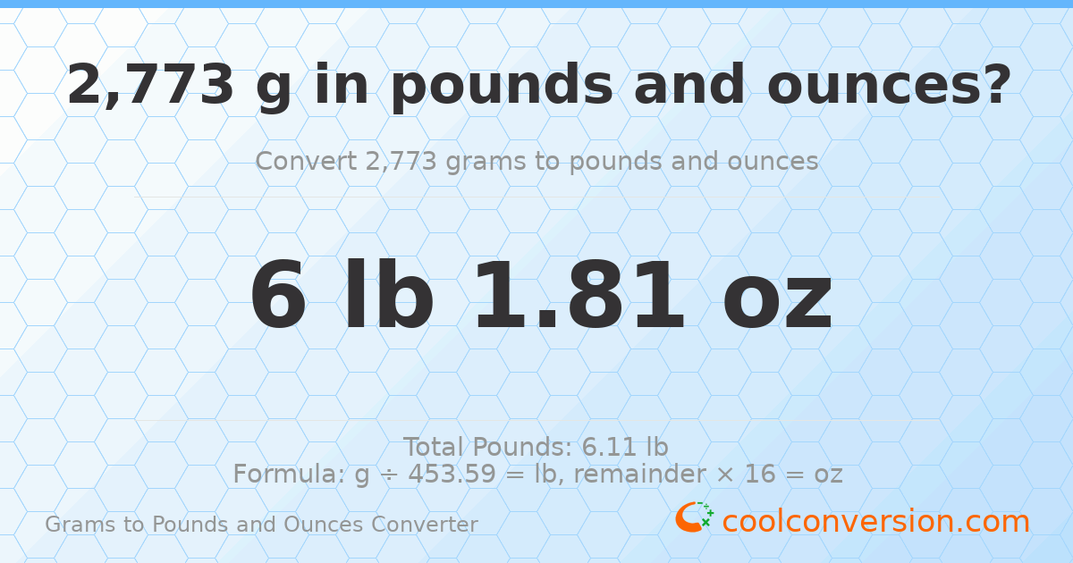 2773 g to lb and oz — 2773 g = 6 lb 1.81 oz