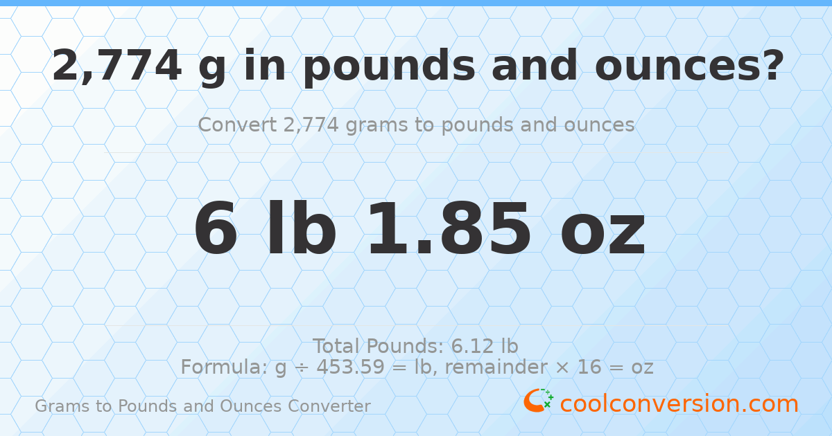2774 g to lb and oz — 2774 g = 6 lb 1.85 oz