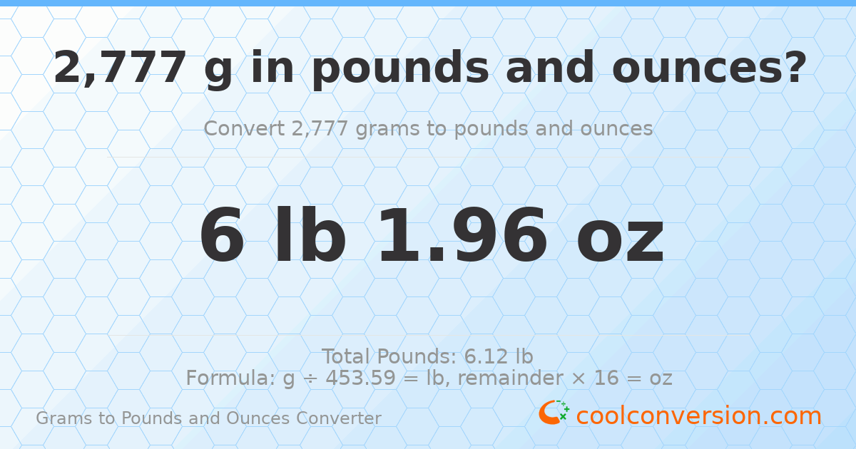 2777 g to lb and oz — 2777 g = 6 lb 1.96 oz