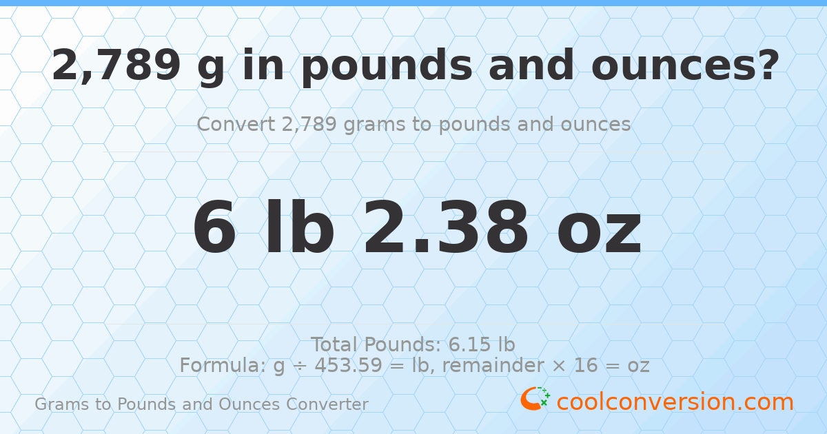 2789 g to lb and oz — 2789 g = 6 lb 2.38 oz