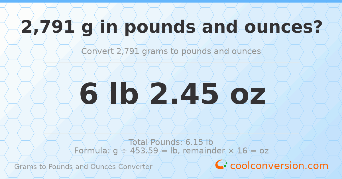 2791 g to lb and oz — 2791 g = 6 lb 2.45 oz