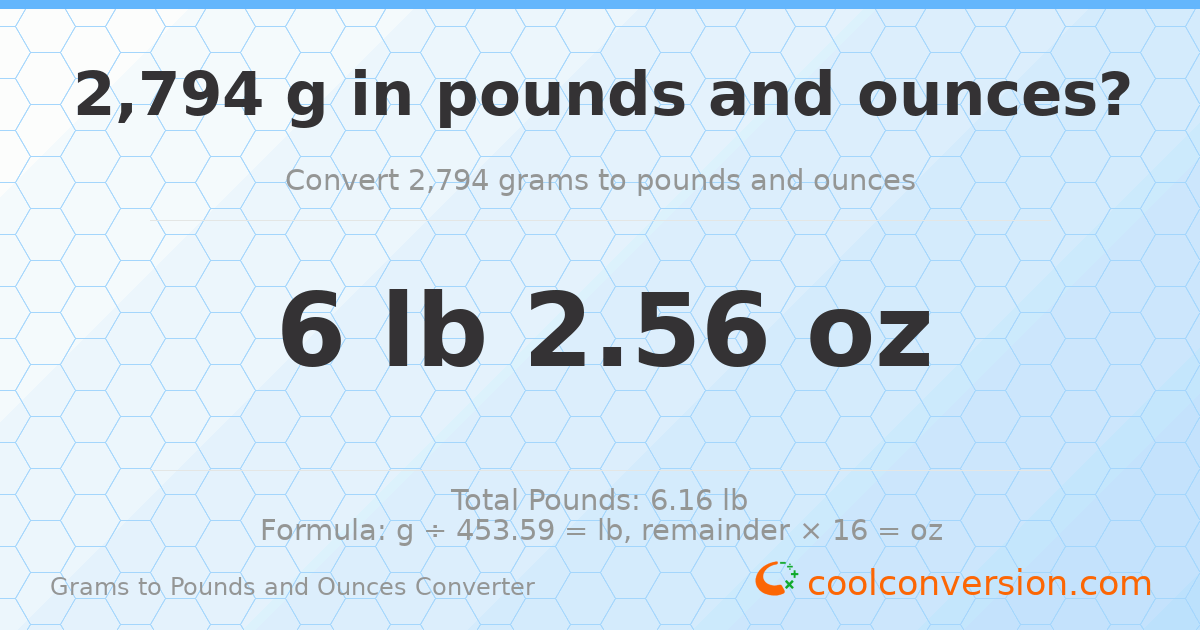 2794 g to lb and oz — 2794 g = 6 lb 2.56 oz