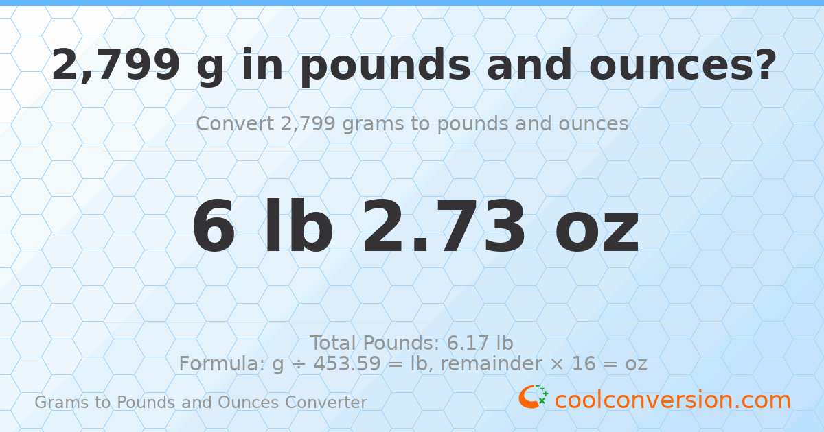 2799 g to lb and oz — 2799 g = 6 lb 2.73 oz