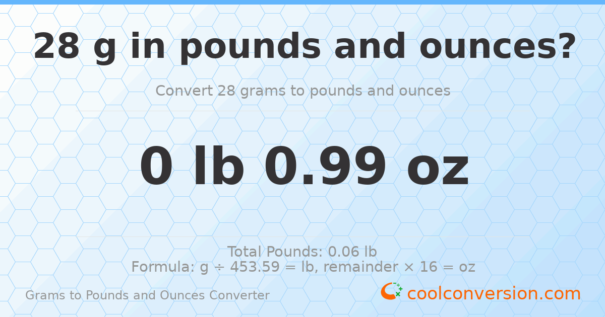 28 g to lb and oz — 28 g = 0 lb 0.99 oz
