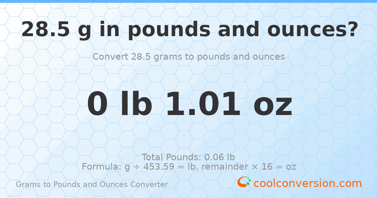 28.5 g to lb and oz — 28.5 g = 0 lb 1.01 oz