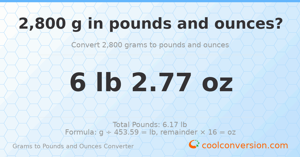 2800 g to lb and oz — 2800 g = 6 lb 2.77 oz