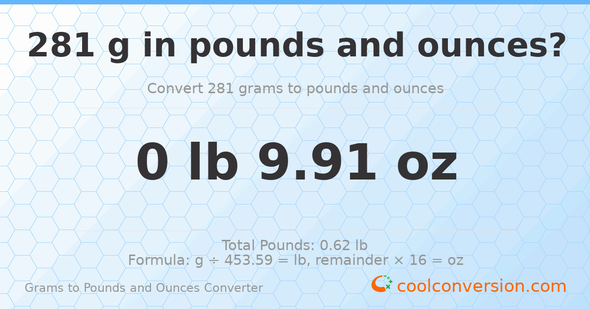 281 g to lb and oz — 281 g = 0 lb 9.91 oz