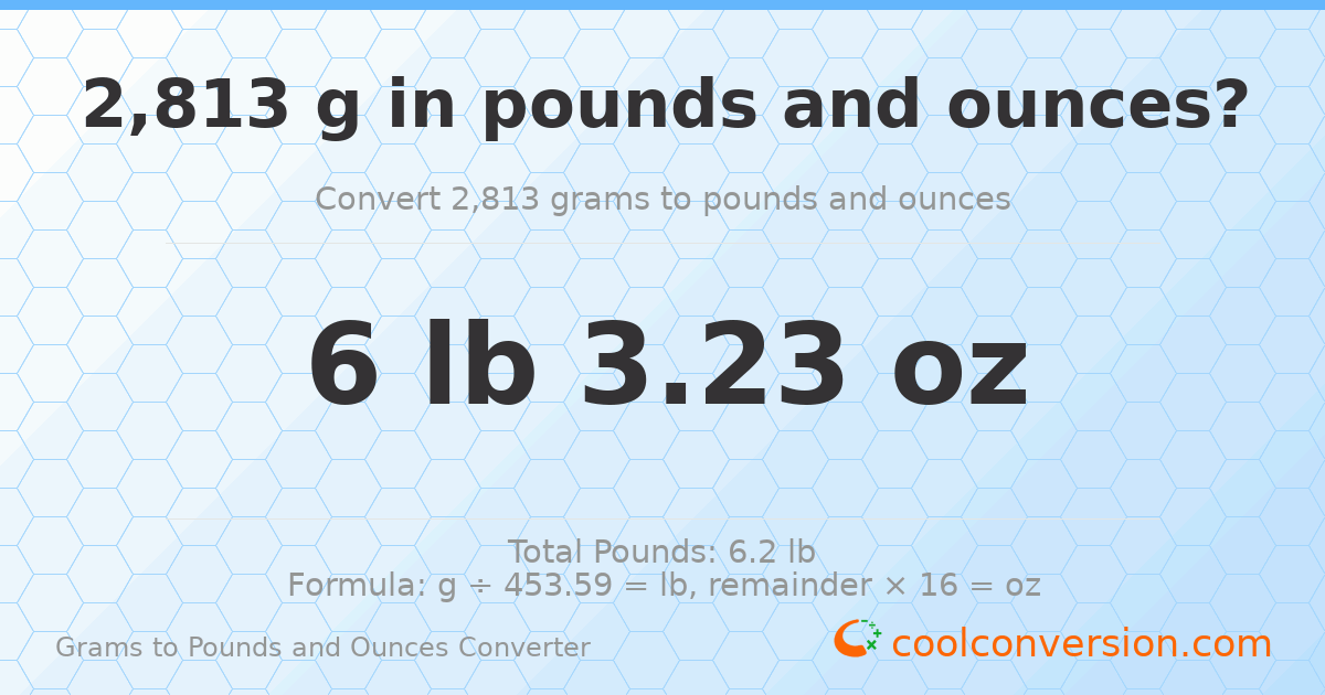 2813 g to lb and oz — 2813 g = 6 lb 3.23 oz