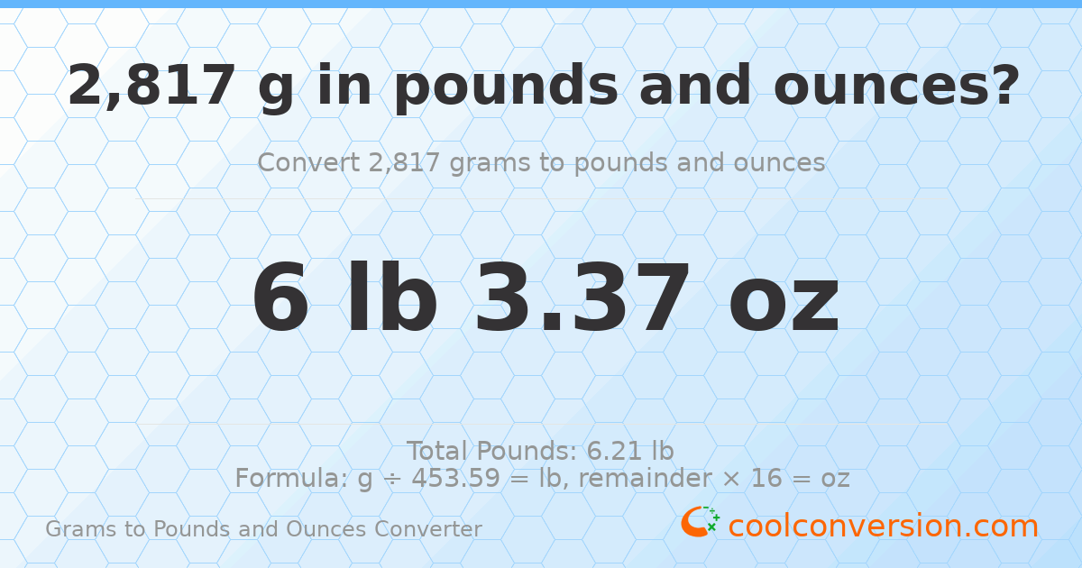 2817 g to lb and oz — 2817 g = 6 lb 3.37 oz