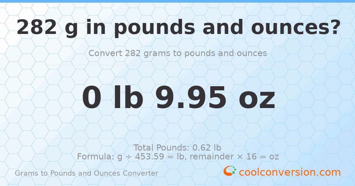 282 g to lb and oz — 282 g = 0 lb 9.95 oz