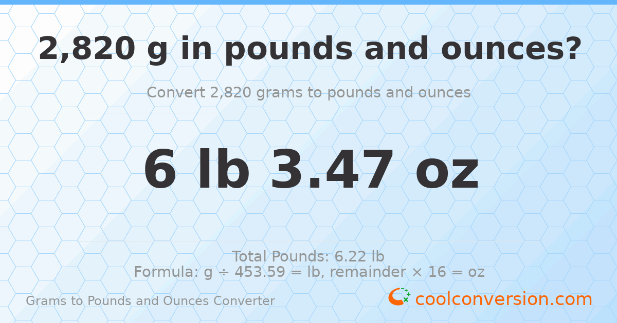 2820 g to lb and oz — 2820 g = 6 lb 3.47 oz