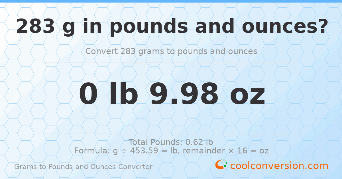 283 g to lb and oz — 283 g = 0 lb 9.98 oz