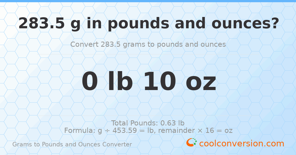 283.5 g to lb and oz — 283.5 g = 0 lb 10 oz